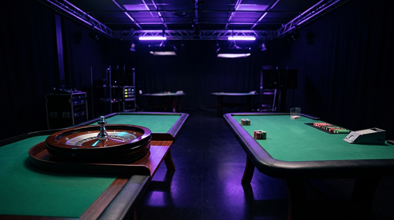 Live roulette wheel and card table under studio lights, WinSpirit live casino